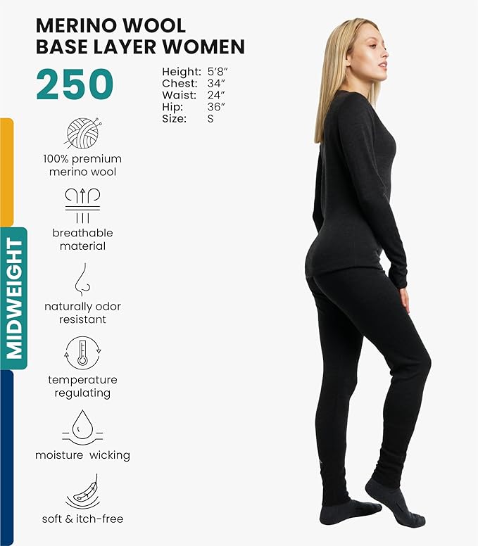 Merino.tech Merino Wool Base Layer Women Set - Heavyweight, Lite, Midweight Merino Thermal Underwear For Women Top, Bottom
