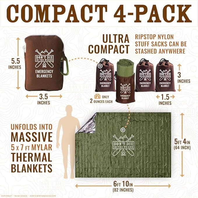 Don't Die In The Woods - Freakin’ Huge Emergency Blankets [4-Pack] Extra-Large Thermal Mylar Space Blankets with Ripstop Nylon Stuff Sacks + Carabiner Zipper Pack [Army Green]