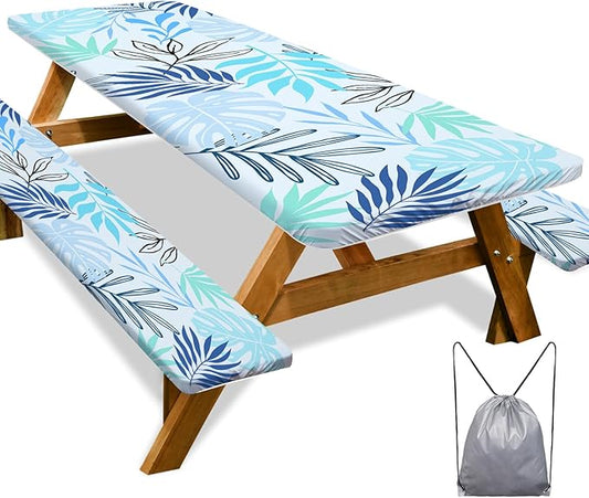 Picnic Table Cover with Bench Covers Camping Essentials Waterproof Windproof Camping Tablecloth with Drawstring Bag, Fitted Rectangle Tables and Seats, 96in, Light Green Blue