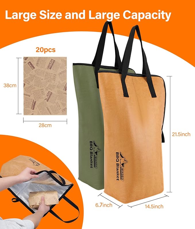 WADEO Large 2 pack BBQ Blanket for Resting Meat, 21inch BBQ Insulated Smoked Meat Resting Bag Butcher Paper Set, Barbecue Brisket Meat Blanket with Wide Mouth for Beef Pork Turkey(Green Brown)