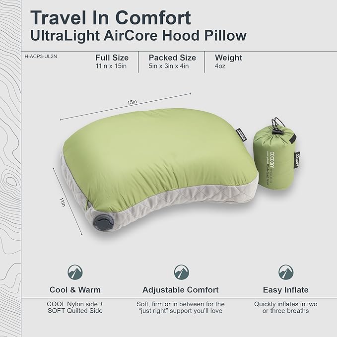 COCOON- Premium - Ultralight Inflatable AirCore Shaped Pillow - Washable Travel Air Pillows for Camping, Hiking, Backpacking (Regular 11" x 15")