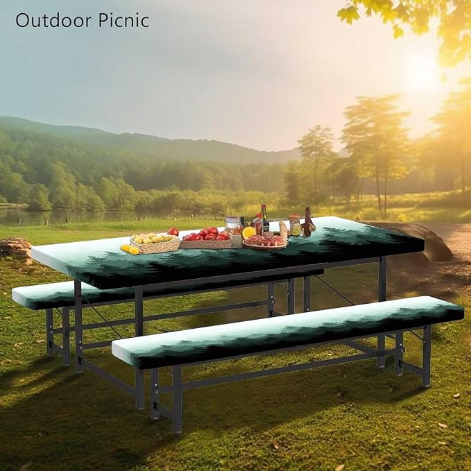 CAPSCEOLL Fitted Picnic Table Cover with Bench Covers with Elastic 8Ft Waterproof Camping Picnic Table Cover Cloths for Outdoors Camping Tablecloth with Drawstring Bag, 96X30in, Green Forest