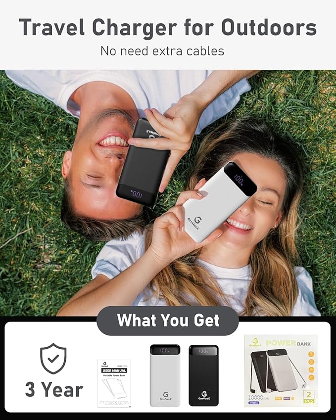 GrnOas.E 2-Pack 10000mAh Power Bank for iPhone,22.5W Fast Charging Portable Charger for iPhone,4 Outputs 3A High Speed Power Bank with Built in Cables,Travel Essentials Battery Pack for iPhone and etc