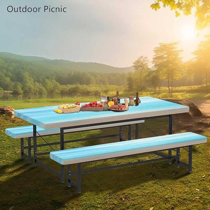 CAPSCEOLL Fitted Picnic Table Cover with Bench Covers with Elastic 8Ft Waterproof Camping Picnic Table Cover Cloths for Outdoors Camping Tablecloth with Drawstring Bag, 96X30in, Summer Beach