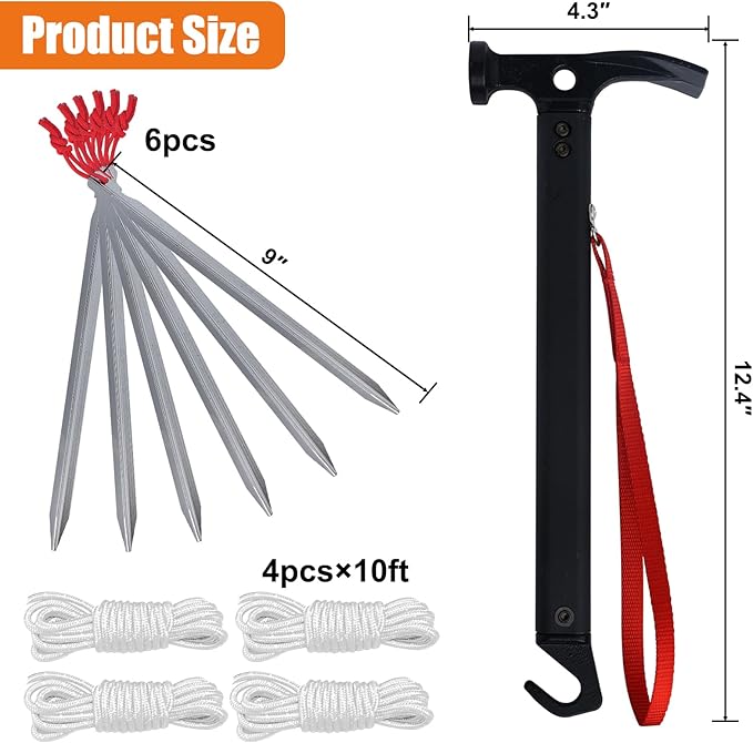 Eurmax USA Hiking Camping Tent Stakes and Hammer Set Lightweight Multi-Function Tent Hammer with Tent Stake Remover,Tent Pegs for Camping, Hiking, Backpacking, Gardening(Silver Stakes)