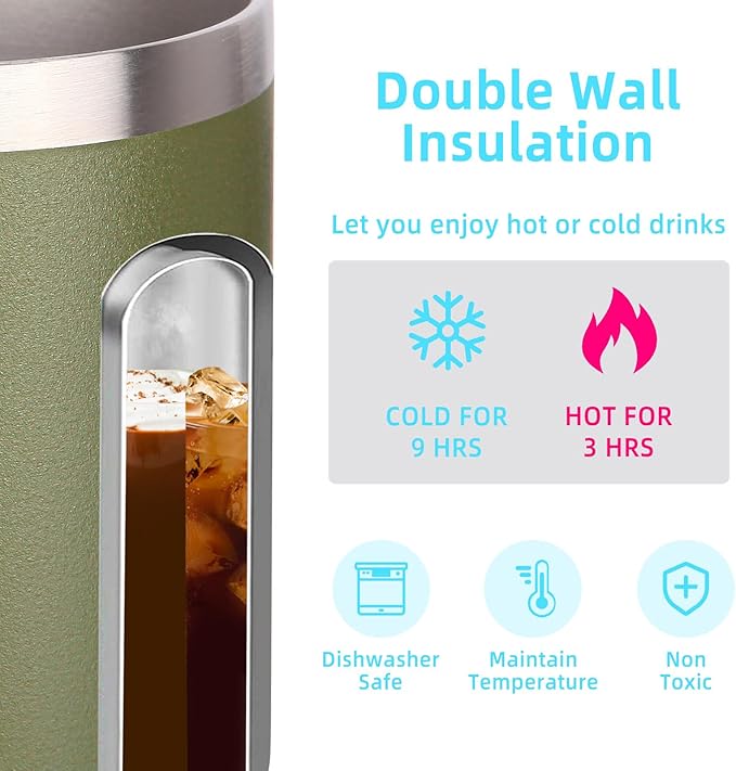 Volhoply 14oz Insulated Stainless Steel Coffee Mug with Lid Bulk 8 Pack,Double Wall Vacuum Travel Coffee Cup with Handle,Reusable Cups Tumbler,Camping Mugs Keep Hot, Ideal Gifts(Army Green,8)