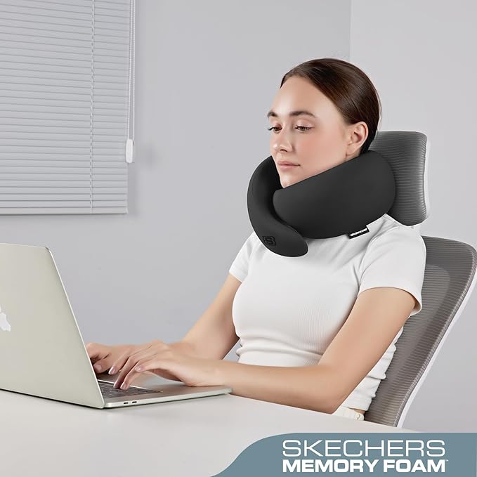Skechers Memory Foam Travel Pillow,Comfortable & Breathable Airplane Travel Essential,Neck Pillow for Travel,Car Rides,Home, and Office Use,Ergonomic Design for Men and Women,Black