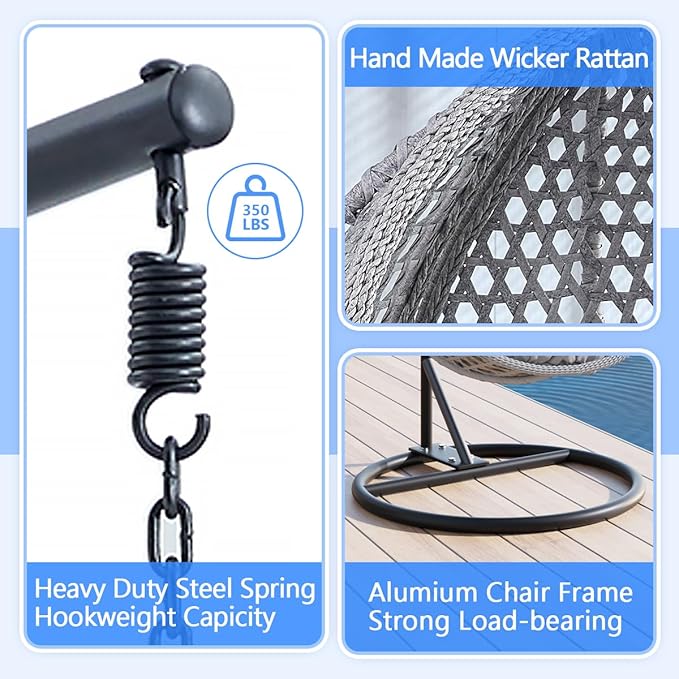 JUFU Egg Swing Chair with Stand,Hanging Egg Chair Indoor Outdoor,Hammock Hanging Basket Chair with Aluminum Steel Frame，Patio Egg Chair with Removable Cushions for Patio Balcony Backyard,Bedrooms