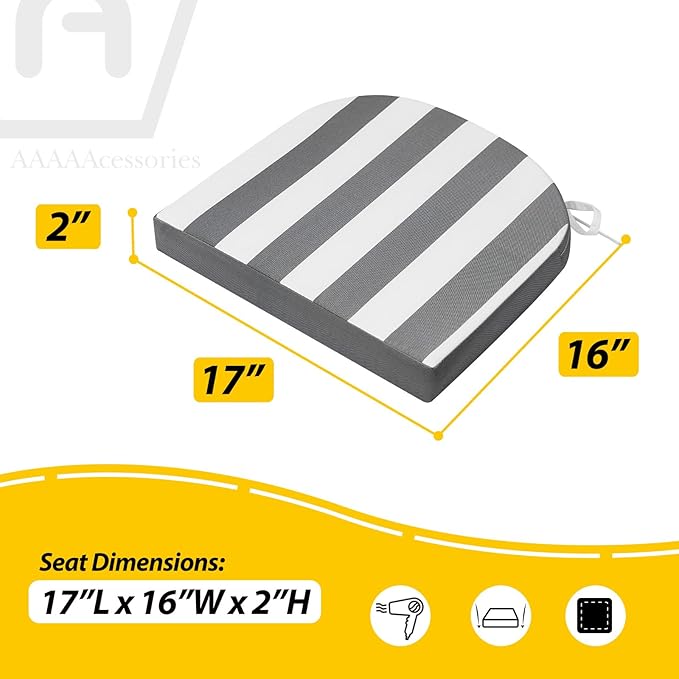 AAAAAcessories Outdoor Seat Cushions for Chairs, Waterproof, Fade-Resistant Patio Furniture Replacement Cushions, 17" x 16" x 2", Set of 4, Gray Cabana Stripe