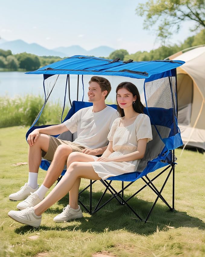 CLIPOP Double Camping Chair with Canopy, Portable Outdoor Folding Chair with Cup Holders, Side Pocket, Oversized Beach Chair with Canopy Shade for Lawn Patio Hiking, Blue