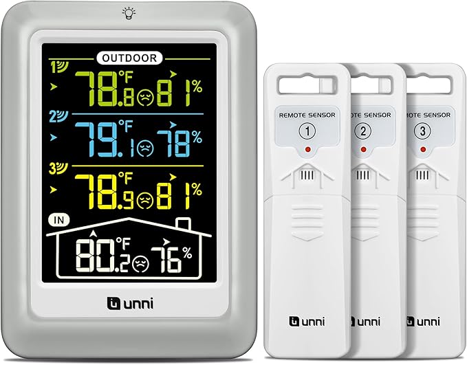 Indoor Outdoor Thermometer Wireless, 4.5 Inch Display Digital Hygrometer Thermometer Temperature Humidity Monitor with 330ft Range Sensor and Adjustable Backlight (Multi)