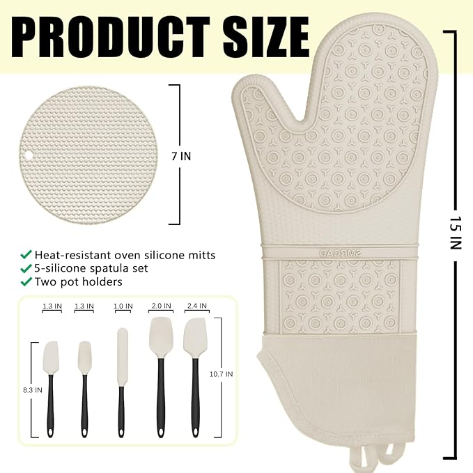 Oven Mitts with Heat-Resistant Hot Pads and Five Silicone Spatulas Designed for Kitchen Baking Cooking, Oven Glove Soft Cotton Lining, Waterproof, BPA-Free (Beige, 15.7)