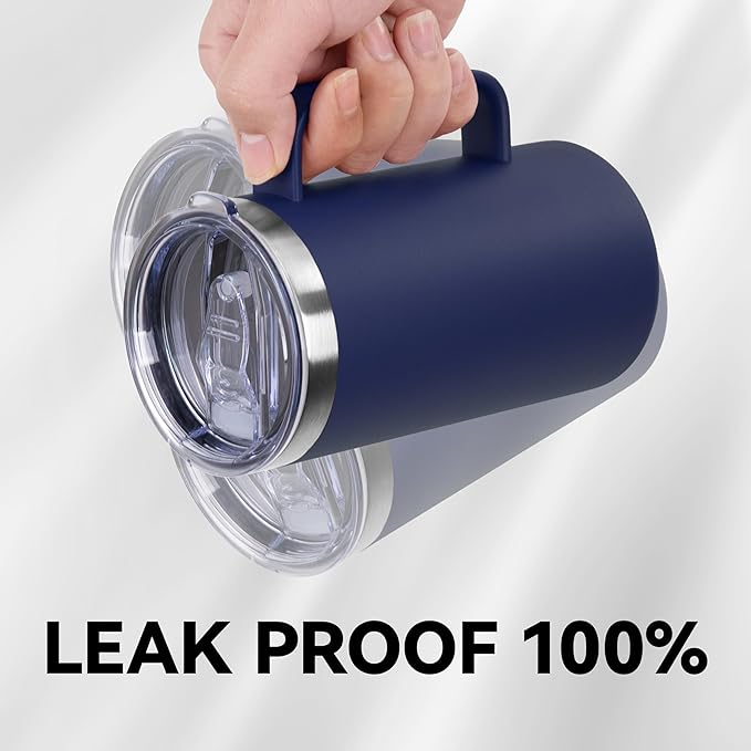 DOMICARE 24oz Mug with Handle and Lid, Stainless Steel Coffee Mug, Reusable Insulated Cup, Travel Mug with Handle, Double Wall Vacuum Coffee Tumbler for Men and Women, Navy, Pack 1