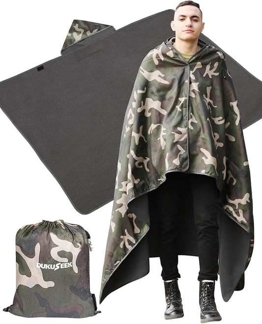 DUKUSEEK Hooded Stadium Blanket, Camouflage Waterproof Windproof Outdoor Fleece Blanket - Large (79x56), Portable, Wearable, Warm for Outdoor Hunting, Sporting Events…