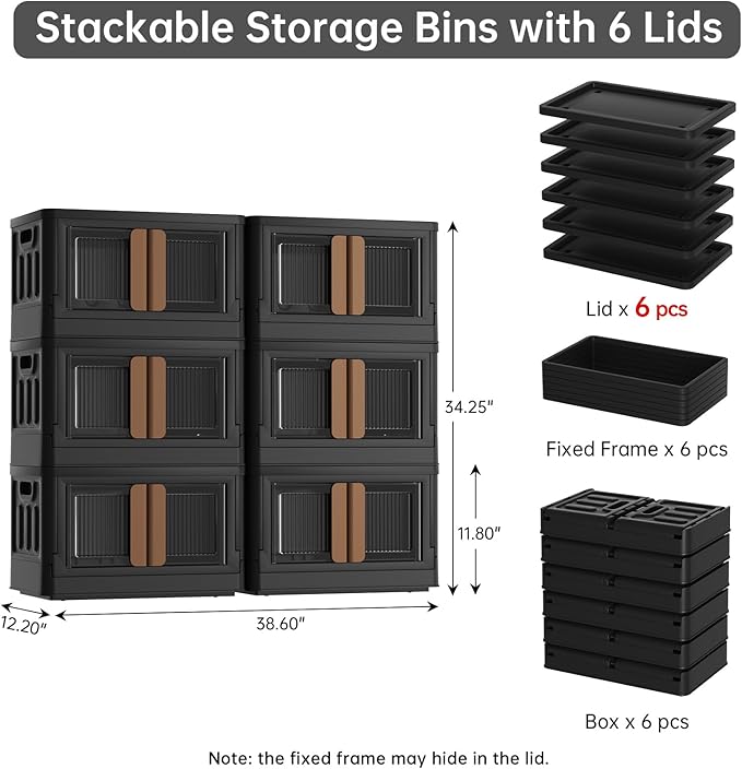 HAIXIN Storage Bins with 6 Lids - 8.4 Gal Closet Cabinet 6 Pack Plastic Stackable Organizers with Front Opening Door Black Foldable Storage Box for Home Garage Office Craft