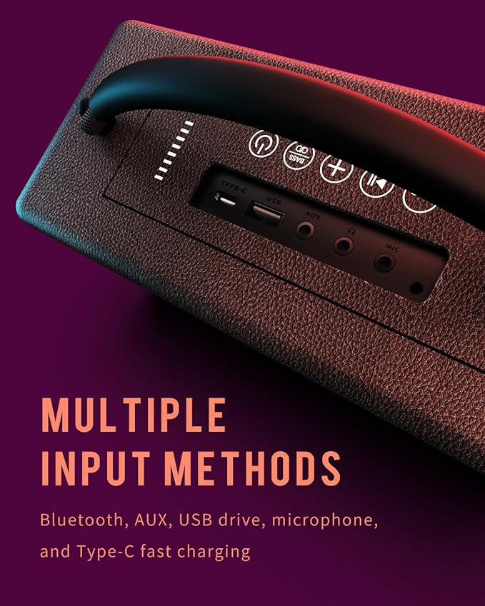 DINDIN Portable Bluetooth Speaker: 80W (Peak), 20H Playtime, Loud Wireless Wood Speakers with Bass, AUX and USB Input, Subwoofer, TWS Pairing, Vintage Speaker for Outdoor, Home, Office (Black)