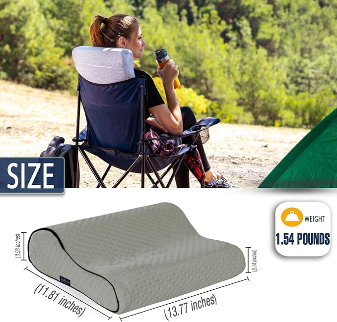 Memory Foam Pillow for Travel and Camping with Extra Cotton Cover – Easy to Carry Portable Bag (Grey Contour)