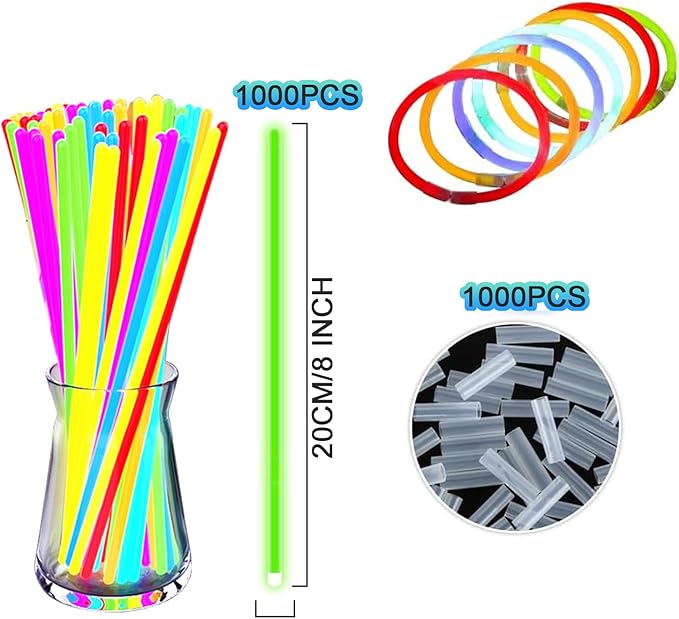 Glow Sticks, 1000 Pack 8" Glow in The Dark Light Up Sticks with 1000 Connectors for Festival Birthday Carnival Necklaces Bracelet (1000PACK)