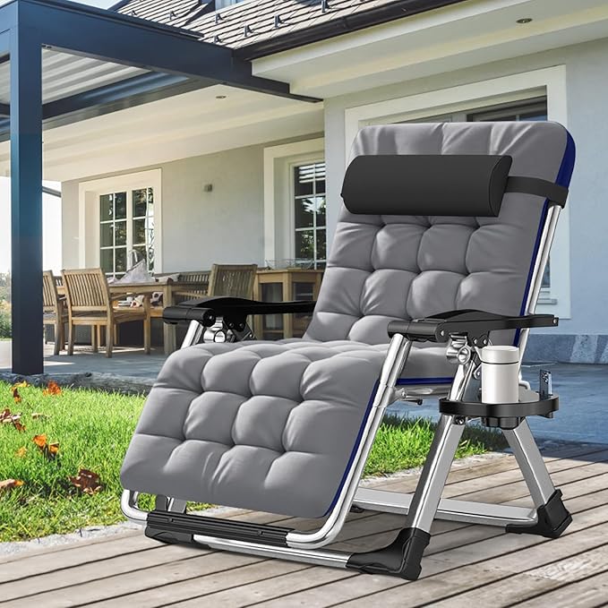 ABORON Oversized Zero Gravity Chair,29In XL Premium Outdoor Lawn Folding Lounge Chairs,Sturdy Adjustable Reclining Patio Chairs with Removable Cushion,Headrest & Tray