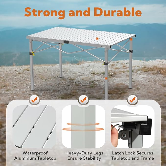 Portable Outdoor Camping Table Large for 2-6 Person - Foldable Camp Table with Aluminum Roll-Up Top & Carry Bag for BBQ, Tailgating, Backyard, 220 Lbs Capacity, Stable & Sturdy (Silver)