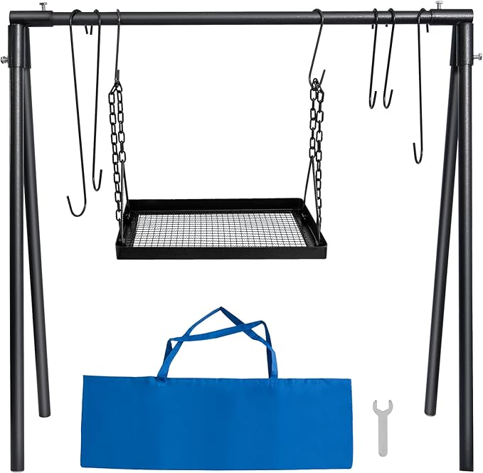 Campfire Swing Cooking Grill Stand, Collapsible Campfire Cooking Rack with Adjustable Iron Grill Grate and Hooks for Outdoor BBQ Picnic Cookware Party Dutch Oven
