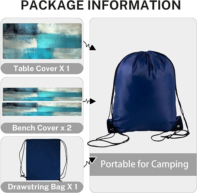 CAPSCEOLL Picnic Table Cover with Bench Covers Waterproof Fitted Camping Tablecloth All-Weather Outdoor Table Protector with Drawstring Bag for Camping Essentials, 72X30in, Blue White