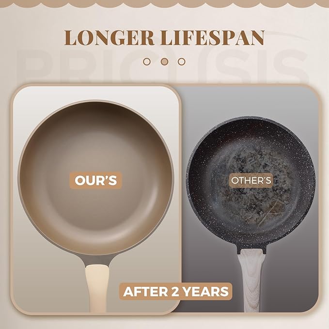 Nonstick Deep Frying Pan with Glass Lid, 10 Inch (3.2 qt), 5X Durable Nonstick Sauté Pan, Scratch & Stain Resistant, PFOA Free, Induction Compatible, Dishwasher & Oven Safe, Natural Linen