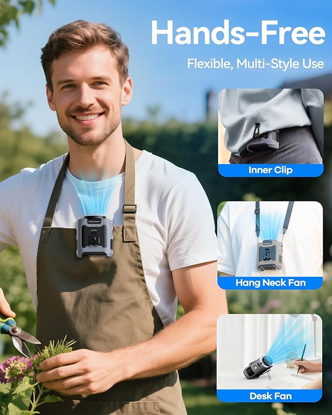 AI Portable Waist Fan Rechargeable 10000mah Belt Shirt Clip On Fan For Body Cooling That Blow Cold Air 5 Speeds Flashlight Up To 40H