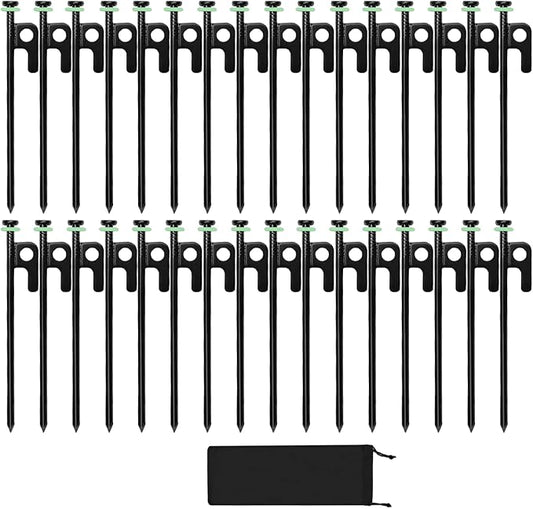 32Pcs Tent Stakes, 8in Heavy Duty Tent Stakes with Storage Pouch, Forged Steel Tent Sakes Metal, Metal Stakes for Tent Used on Grassland, Snowfield, Dessert(32Pcs, 8in, Diameter 1/4")