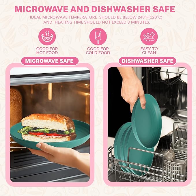 Homienly Wheat Straw Plates Set, Unbreakable Deep Dinner Plates, 9 inch Alternative to Plastic Plates for Kitchen, Kids, Camping, Microwave and Dishwasher Safe Plate for Salad, Dessert - Green