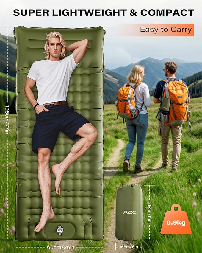 A2C Camping Sleeping Pad, Ultralight Inflatable Sleeping Pads with Built-in Foot Pump & Pillow, Compact Camping Mattress for Backpacking, Hiking, and Traveling