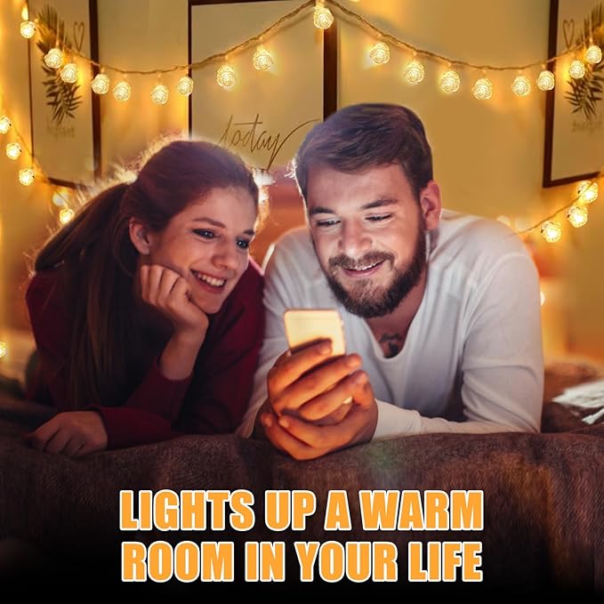 String Lights Indoor, 33Ft 80 LED Rose Flower Lights, 8 Modes Dimmable & Timeable Twinkle Lights, Festival Christmas Decorations for Bedroom Living Room, White, USB Plug, Remote