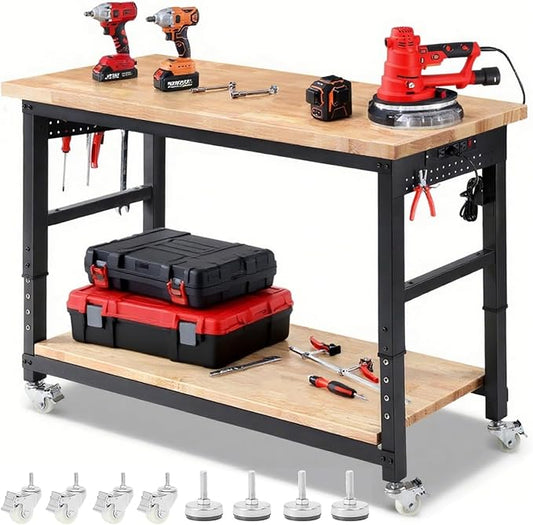 Workbench with Wheels 60 x 22 Heavy Duty Rubberwood Tabletop Work Bench Adjustable Height Garage Work Table with Under Table Shelf, Sided Pegboard, Power Outlets for Home Office