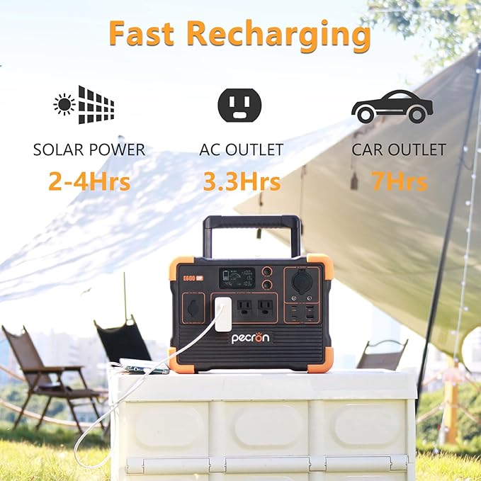 pecron Portable Power Station 614Wh E600LFP with 200W Solar panel Solar Generator with 3X1200W AC Outlets 100W USB-C PD Output LiFePO4 Battery Backup for Outdoor Camping Emergency