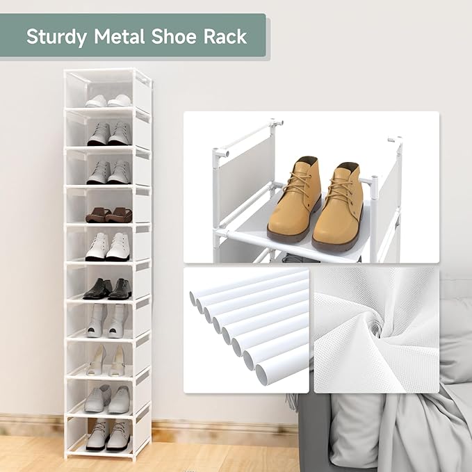 Narrow Shoe Rack, 10 Tier Vertical Shoe Rack for Closet Entryway, White Tall Slim Shoe Tower for Small Spaces, Shinky Shoe Organizer, Space Saving Corner Shoe Shelf