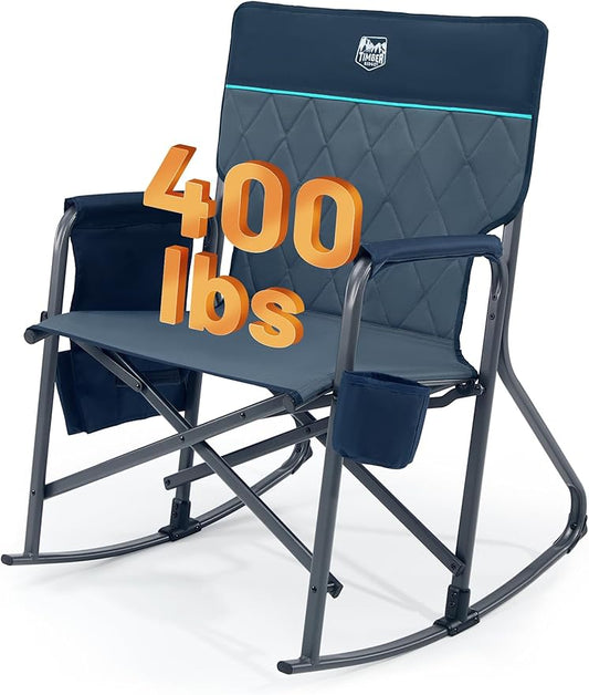 TIMBER RIDGE Folding Rocking Camping Chair, 400lbs Capacity Portable Oversized Outdoor Rocker with Hard Armrests, Cup Holder & Side Pocket, Quick-Fold Design for Outdoor, Patio, Lawn, Blue
