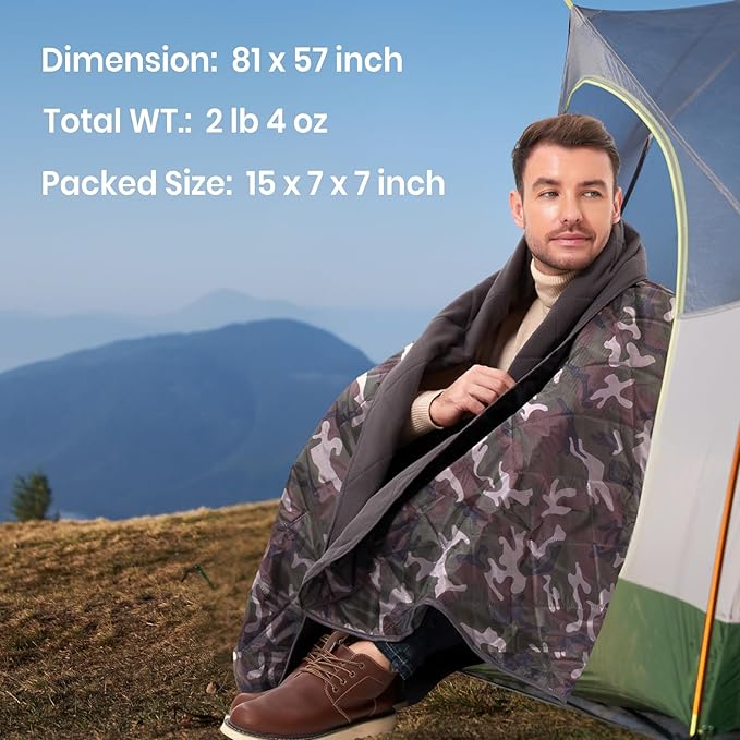 4-in-1 Large Outdoor Blanket - Waterproof & Windproof Thickened Warm Fleece Camping Blanket for Stadium, Hiking, Sporting Events - 81"x57", Packable (Camouflage)
