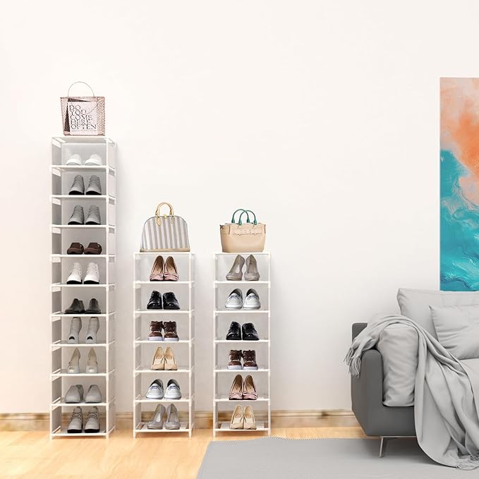 Narrow Shoe Rack, 10 Tier Vertical Shoe Rack for Closet Entryway, White Tall Slim Shoe Tower for Small Spaces, Shinky Shoe Organizer, Space Saving Corner Shoe Shelf