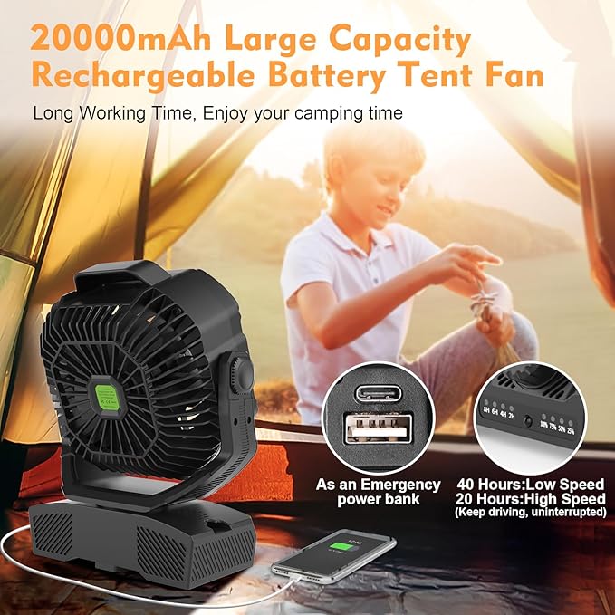 RUNTOP 20000mAh Camping Fan, Oscillating High Speed Rechargeable Battery Operated Fan w/RGB Light,Remote,Hanging Hook, Outdoor Portable Fans Battery Powered Personal USB Desk Fan for Tent, Travel