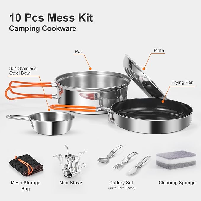 Odoland 10pcs Stainless Steel Camping Cookware Camping Pot and Pan Set with Portable Camping Stove Camping Mess Kit with Plates Bowls Forks Knives Spoons for Hiking Backpacking and Picnic