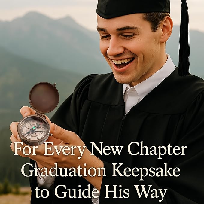 Engraved Compass Gift for Men – Vintage Brass Pocket Compass for Hiking, Adventure, and Travel – Antique Finish with Leather Case – Moon & Stars, or Road Design – Gift for Dad, Husband, or Son