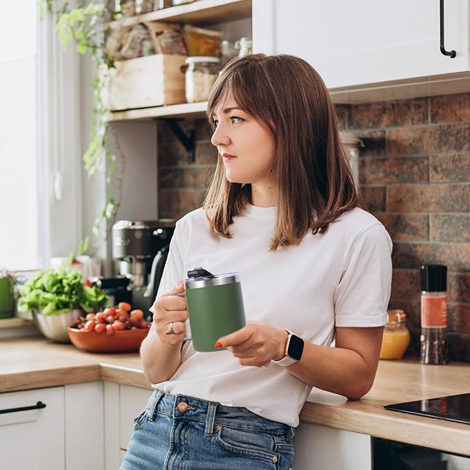 Volhoply 12oz Insulated Leakproof Coffee Mug with Flip & Straw Lid Bulk 4 Pack,Double Wall Vacuum Stainless Steel Travel Tumbler Cup with Handle,Camping Mugs Keep Cold/Hot(Army Green,4 Set)