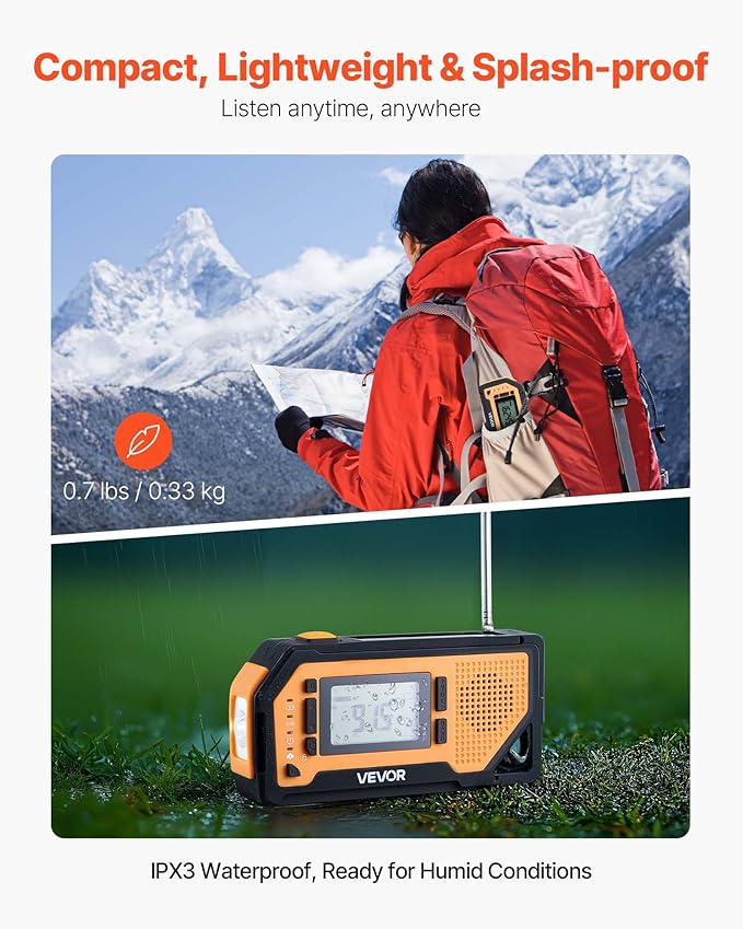 VEVOR Emergency Weather Radio, 2000mAh Battery, FM/AM/WB/NOAA Alert Solar Hand Crank Emergency Radio, with USB Charging Cable, SOS Alarm and Flashlight, Portable for Outdoor Emergencies, Camping