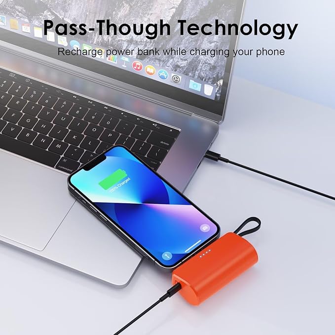 Mini Portable Charger for iPhone with Built-in Type-C Cable, 5200mAh Ultra-Compact Power Bank, PD 20W Fast Charging Battery Pack Phone Charger for iPhone 16/15/14/13, Samsung, Google, Android (Orange)