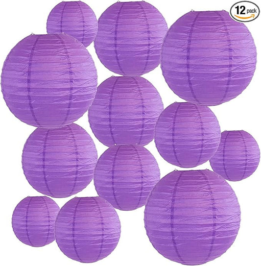 12Pcs Round Paper Lanterns Assorted Sizes (6" 8" 10" 12") for Home Decor, Restaurant, Church, Wedding, Birthday Party Decorations, Hanging Chinese Japanese Paper Lantern Lamps (Deep Purple)