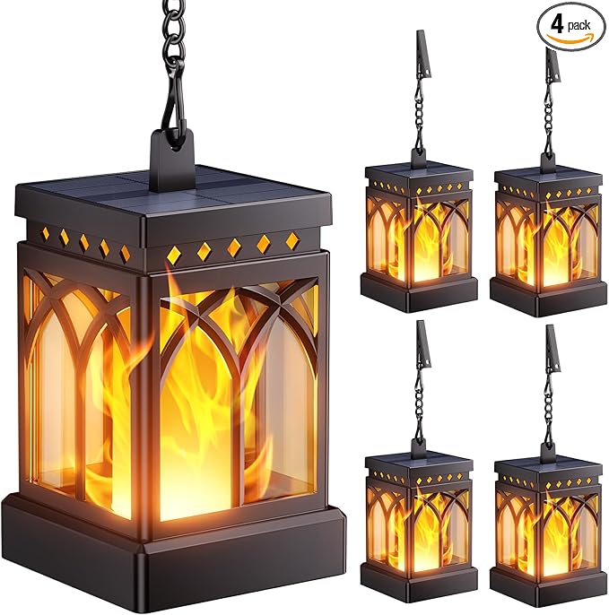 KOOPER 4 Pack Solar Lanterns Outdoor Waterproof, Upgraded Flickering Flame Modes + Constant Modes Hanging Solar Lantern Lights for Outside, Lanterns Decorative Outdoor for Garden Table Yard Tree Decor