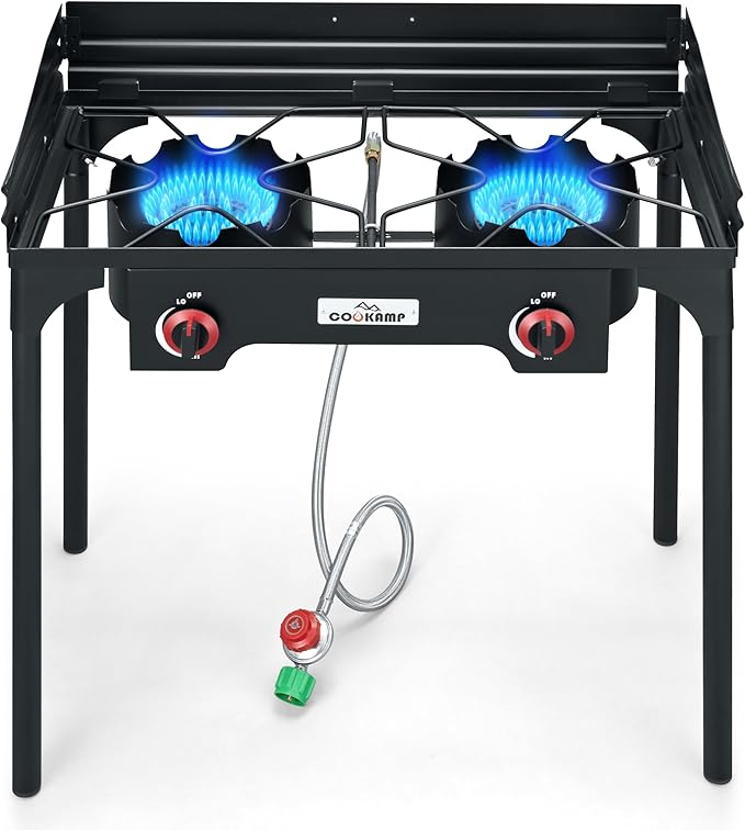 High Pressure Double Propane Burner With Windscreen Outdoor Camping Stove with 0-20 PSI Adjustable Regulator and Steel Braided Hose SA2510 (Two Burner Stove With Windscreen)