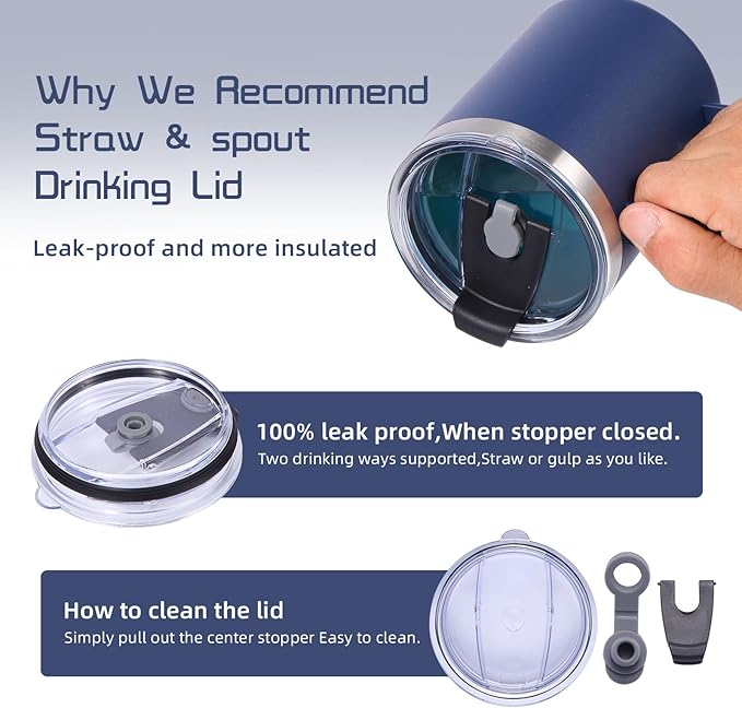 Volhoply 12oz Insulated Leakproof Coffee Mug with Flip & Straw Lid,Double Wall Vacuum Stainless Steel Travel Cafe Tumbler Cup with Handle,Reusable Camping Mugs Keep Cold/Hot(Navy,1 Set)