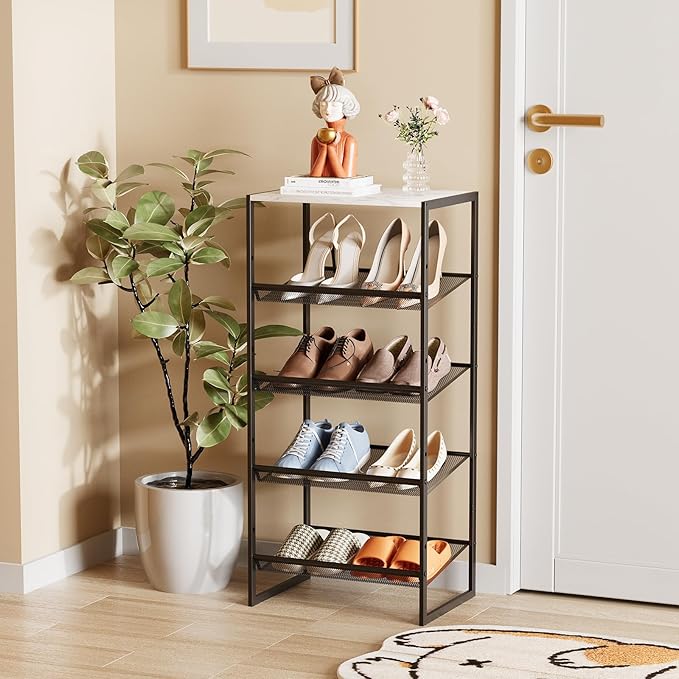 Garden 4 you 5 Tiers Narrow Shoe Rack,Small Space Freestanding Shoe Storage Organizer with White Wooden Tabletop,Adjustable Metal Shelf Stackable Shoe Shelf for Entryway Hallway Living Room Closet