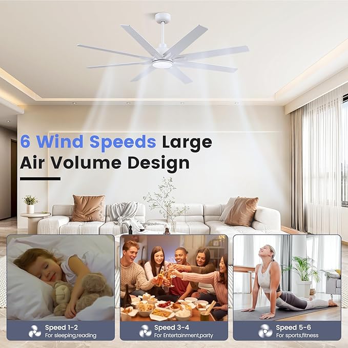Newday 62 inch Large Ceiling Fans with Lights and Remote, Indoor/Outdoor White Ceiling Fan for Living Room Patio, 6 Speeds Slient Reversible DC Motor, 3CCT, Timer, 2 Downrods, 8 Blades